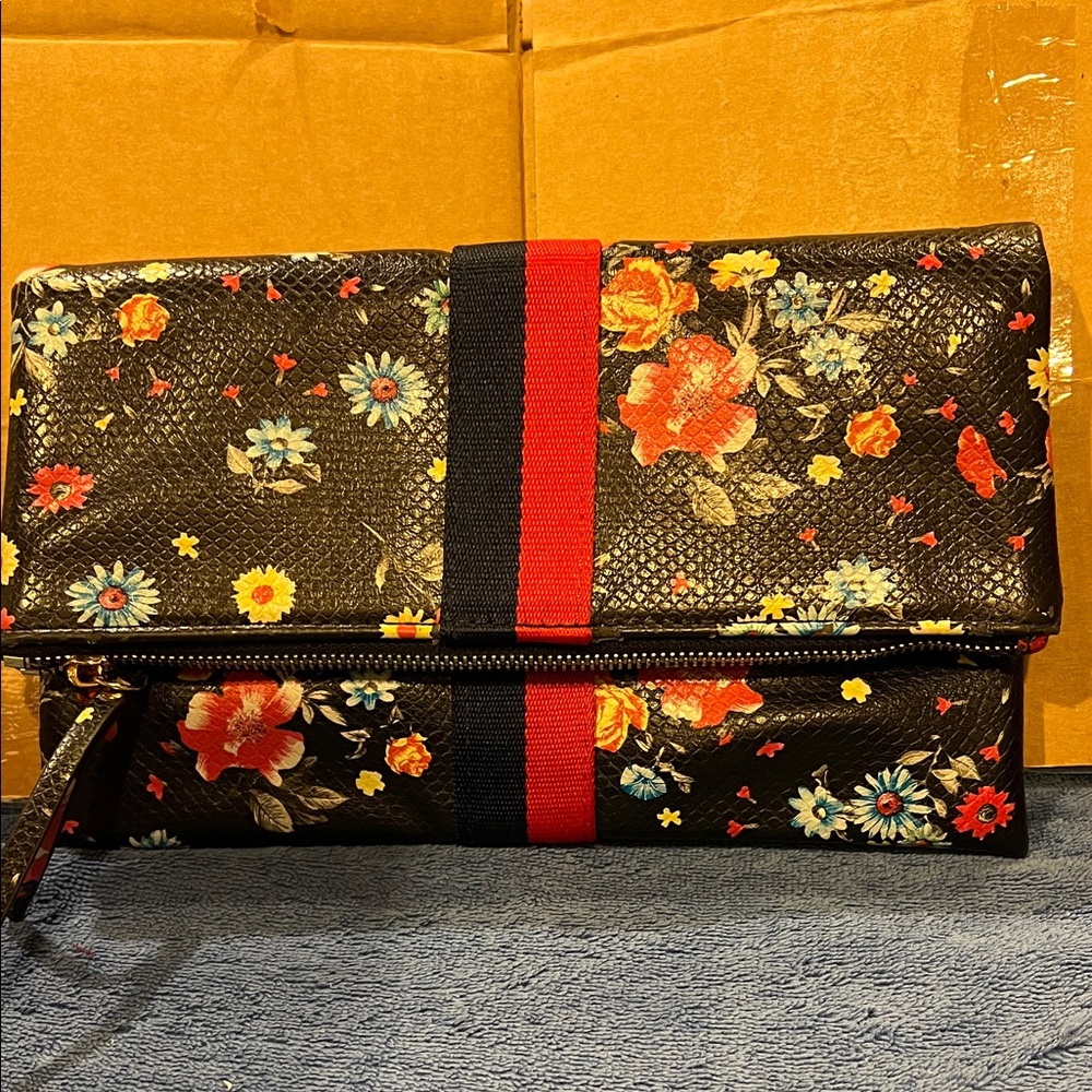 Moda Luxe Jules Floral Black Clutch with Red and Navy Stripes